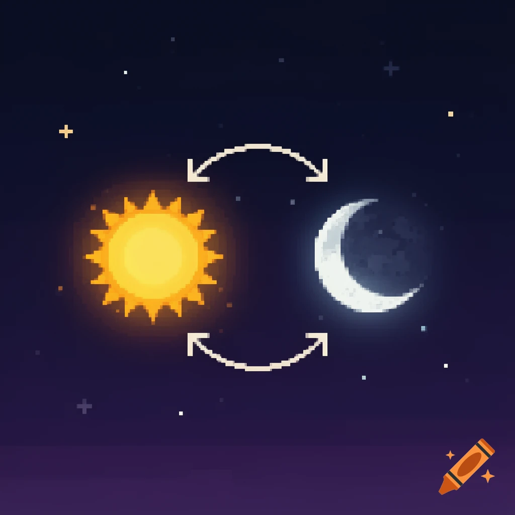 Pixel art of a sun and a crescent moon with arrows rotating between them against a starry night sky.