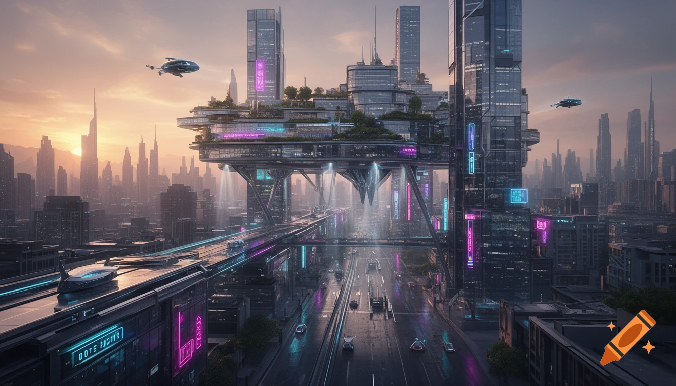 Futuristic cityscape at sunset with floating buildings, neon lights, and flying vehicles, photorealistic style.