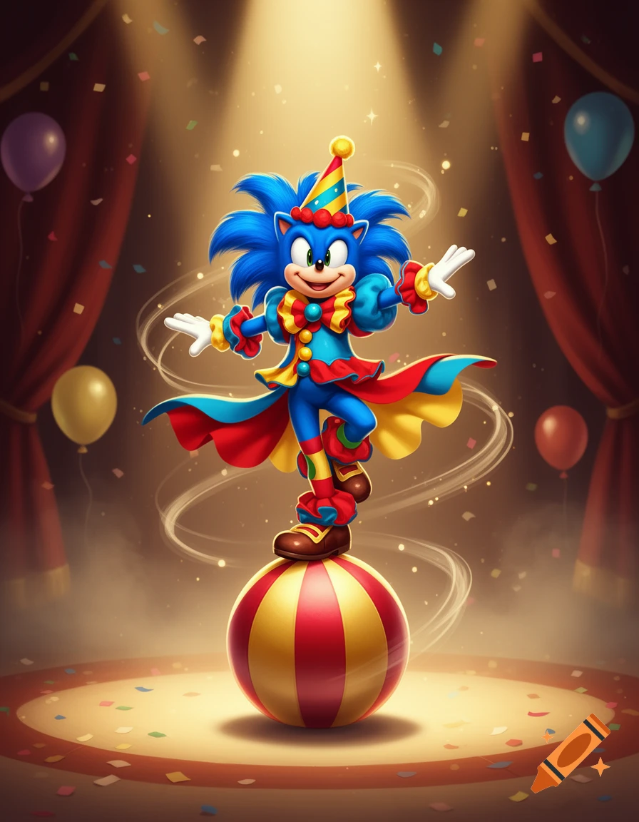 Digital art of Sonic the Hedgehog dressed as a clown, balancing on a circus ball under stage spotlights.