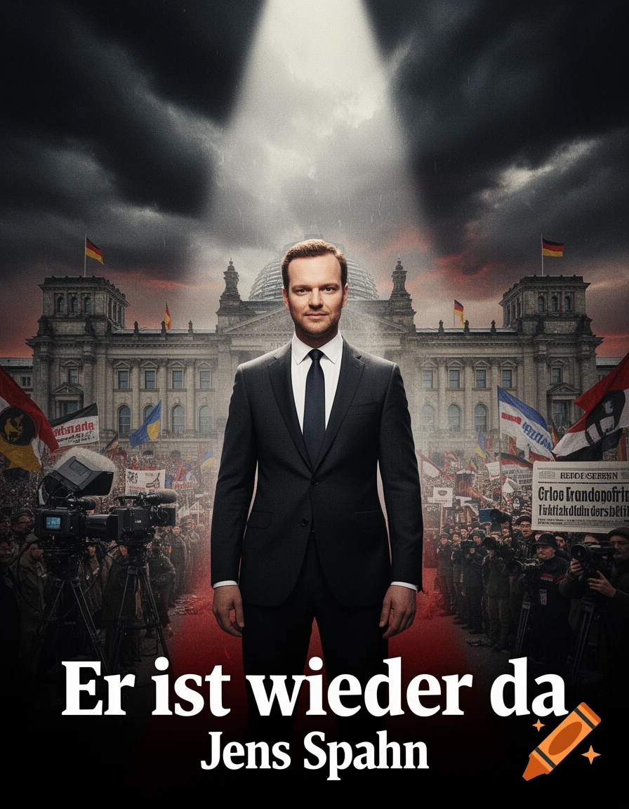 Movie poster parody featuring a man in a dark suit standing in front of the Reichstag building with German flags and a crowd, with text reading 'Er ist wieder da Jens Spahn'.