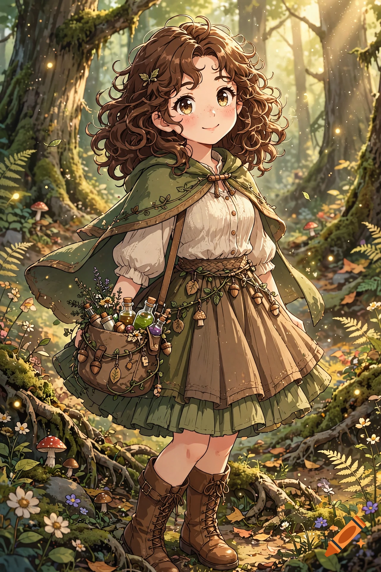 Kawaii anime-style teenage girl with curly brown hair wearing a green cloak and skirt, holding a potion bag in a magical forest.