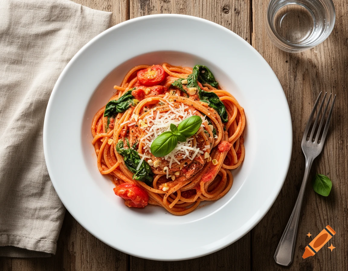 Top-down view of creamy tomato pasta with spinach and parmesan in a white bowl on a wooden table.