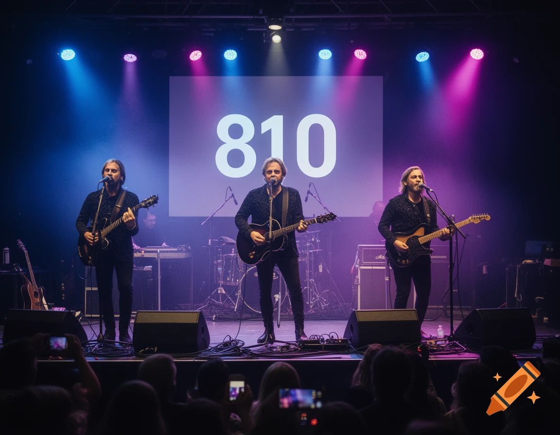 Photorealistic live concert performance by a three-piece band with the number 810 displayed on a screen behind them.