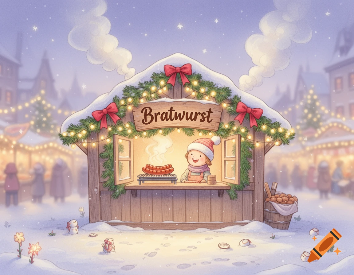 Children's book illustration of a cozy Christmas market bratwurst stall in the snow with warm lighting.