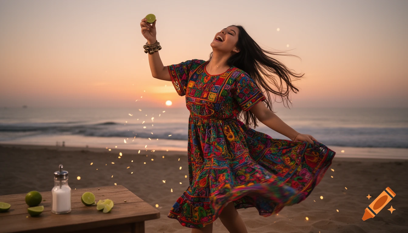 Young woman in a colorful embroidered dress dancing joyfully on a sunset beach, holding a lime slice. Photorealistic.