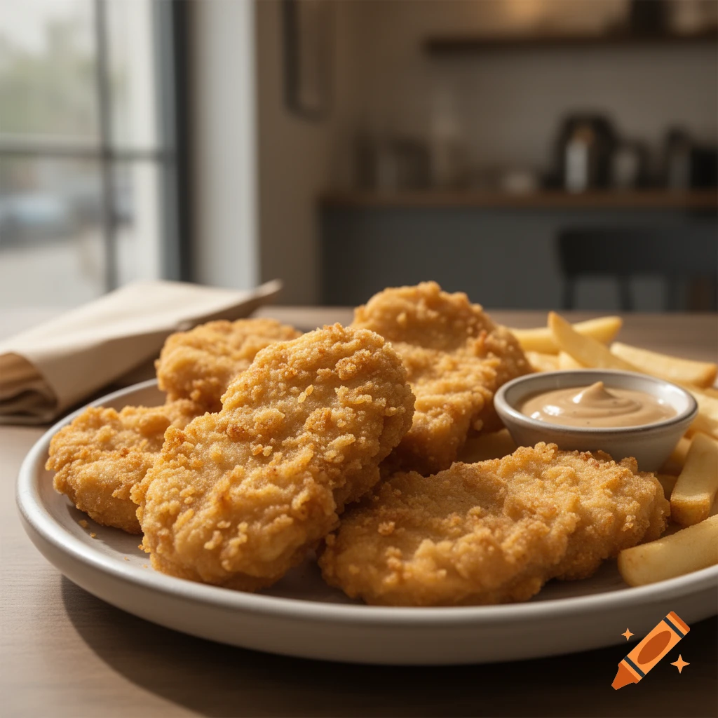 Plate of golden fried chicken nuggets and french fries with a small bowl of dipping sauce on a wooden table, photorealistic.