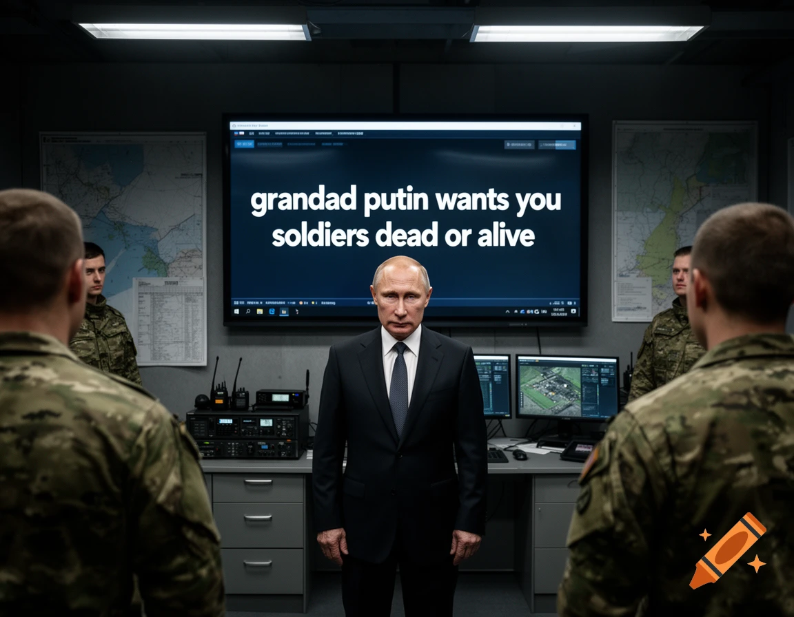 Photorealistic scene of Vladimir Putin in a suit standing before a large screen displaying text, flanked by soldiers in camouflage.