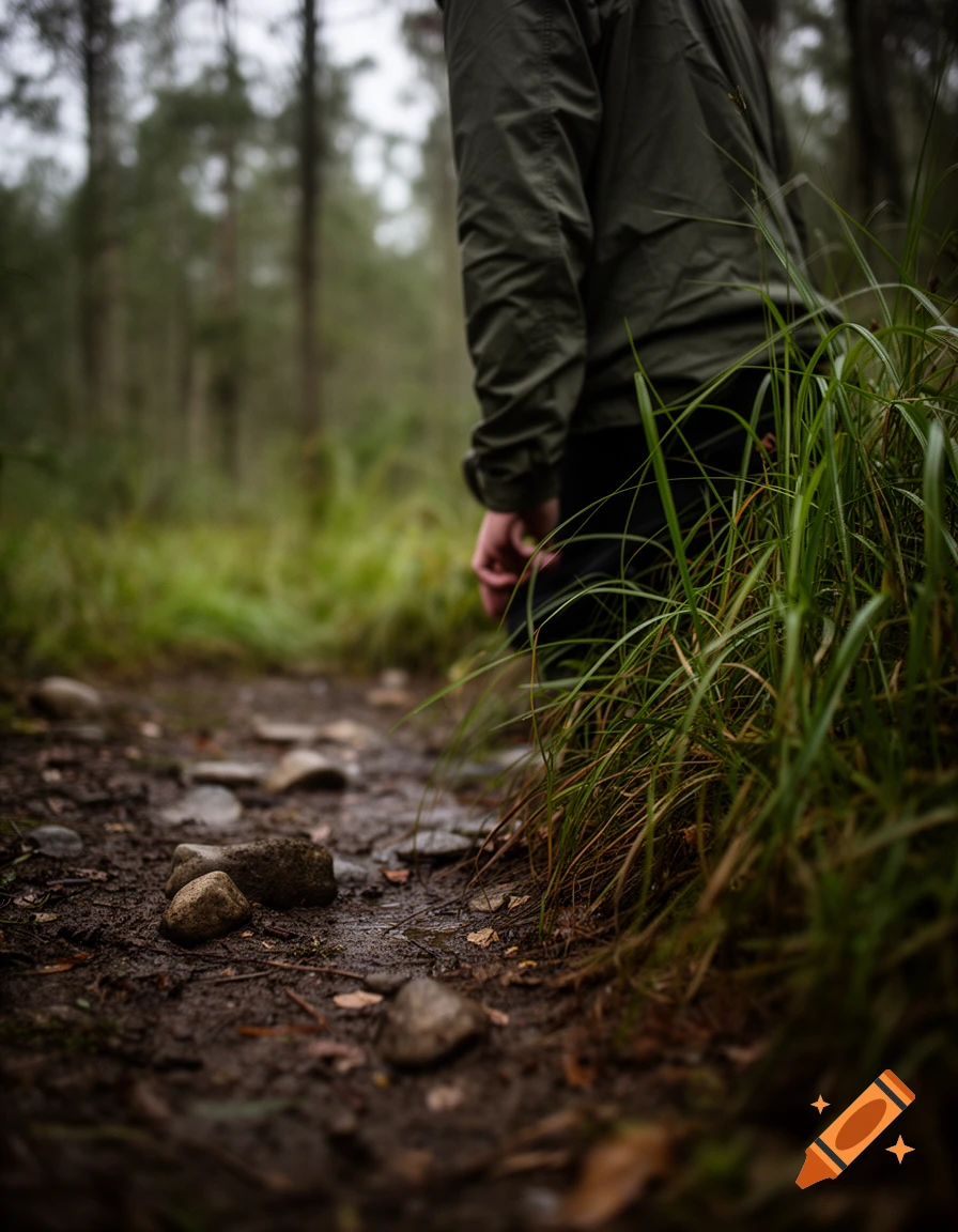 A person in a green jacket crouching on a muddy path in a forest.