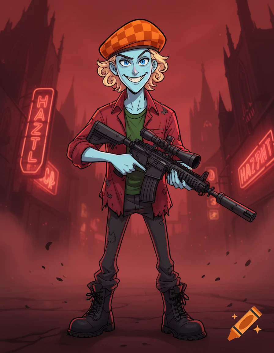 Digital illustration of a blue-skinned male character with an orange beret holding an assault rifle in a red-lit street.