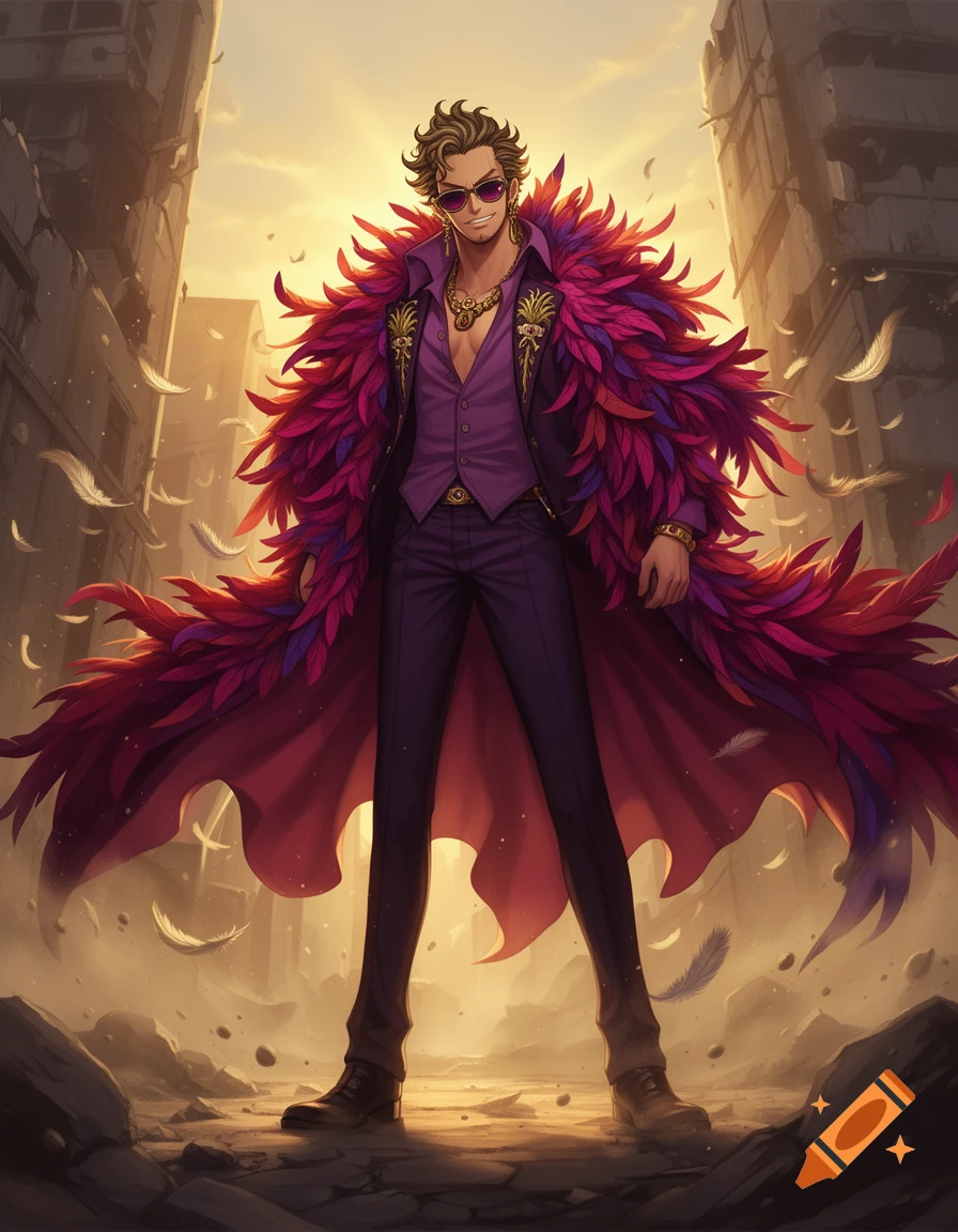 Anime-style illustration of a stylish man with messy hair and sunglasses, wearing a large pink and purple feather coat amid a ruined city.