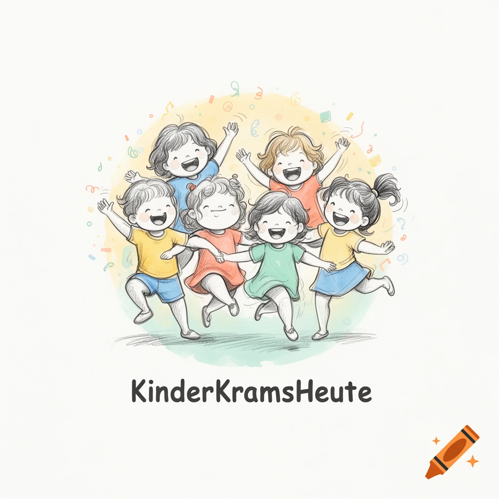 Sketch illustration of six happy toddlers dancing together with colorful confetti in the background.