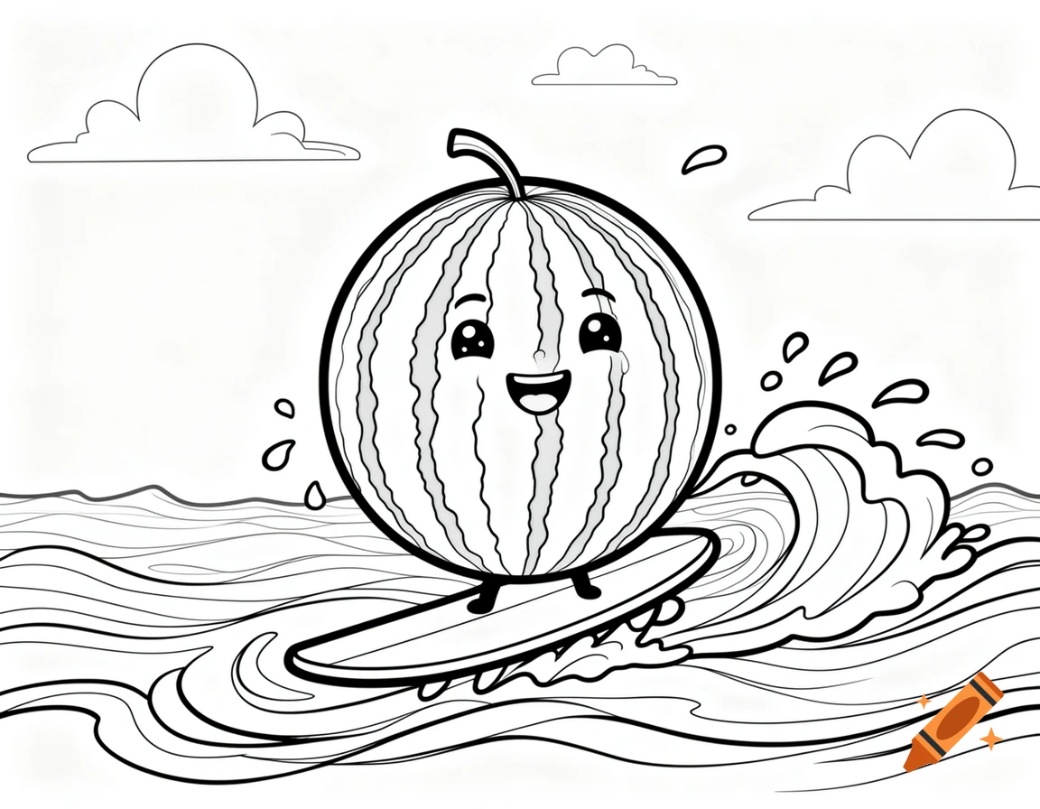 Black and white coloring page of a cute watermelon character smiling while surfing on an ocean wave under clouds.