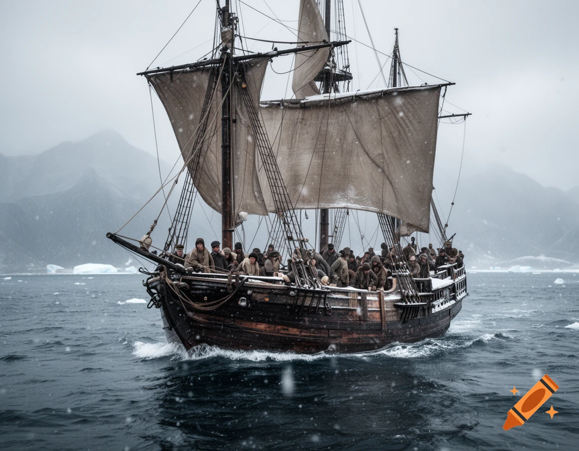 An 18th-century sailing ship with square sails navigating rough, snowy waters surrounded by mountains, photorealistic.