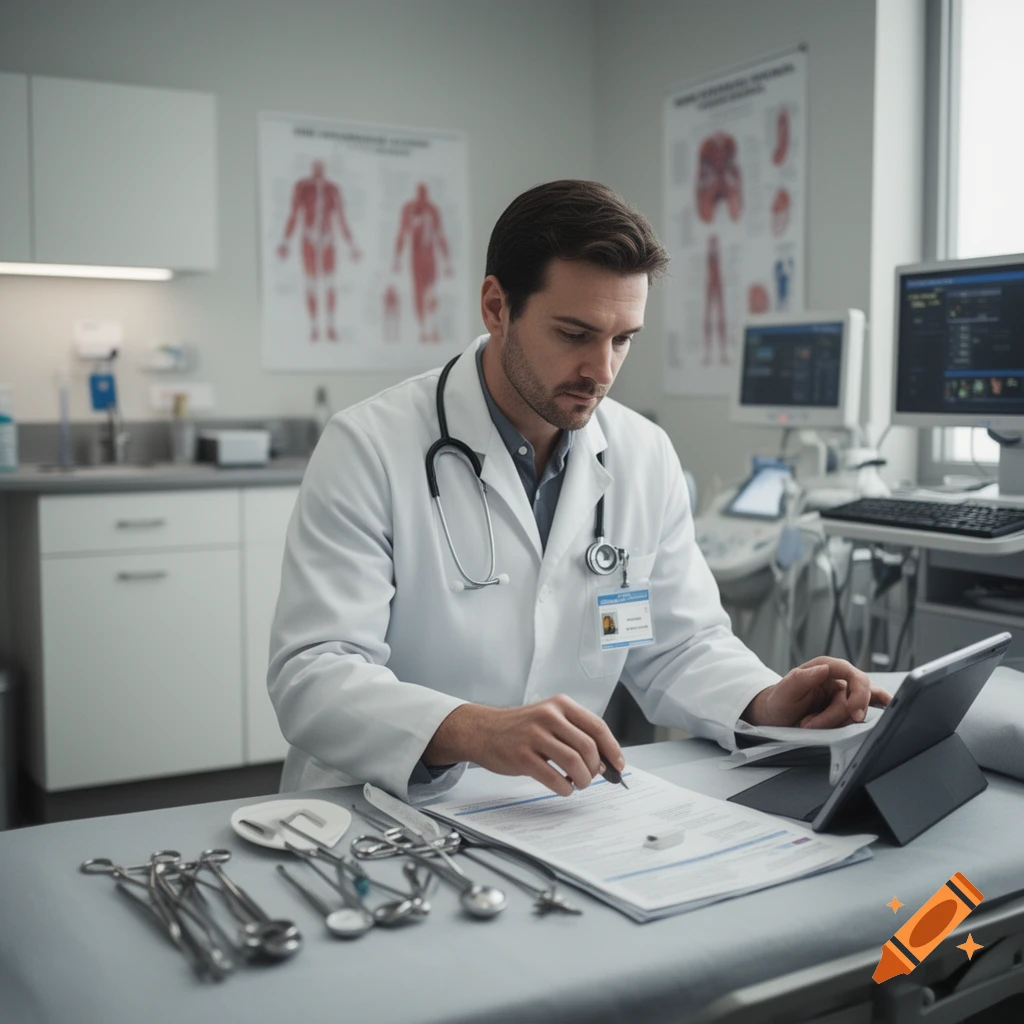 Photorealistic image of a male doctor sitting at a desk in a medical office, examining a tablet and medical charts.