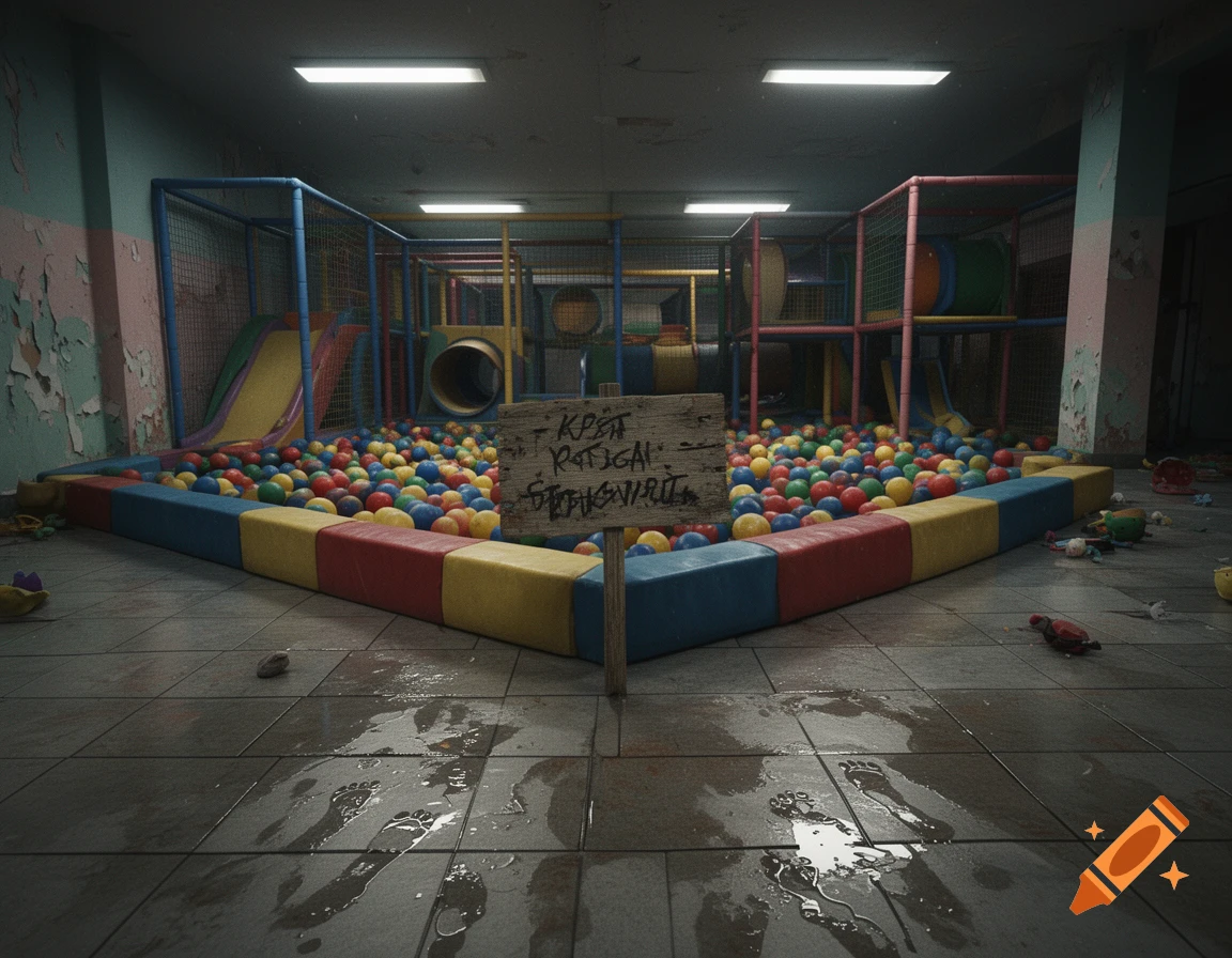 A creepy indoor playground with a ball pit, wet tile floor, and a small wooden sign with scribbled text.