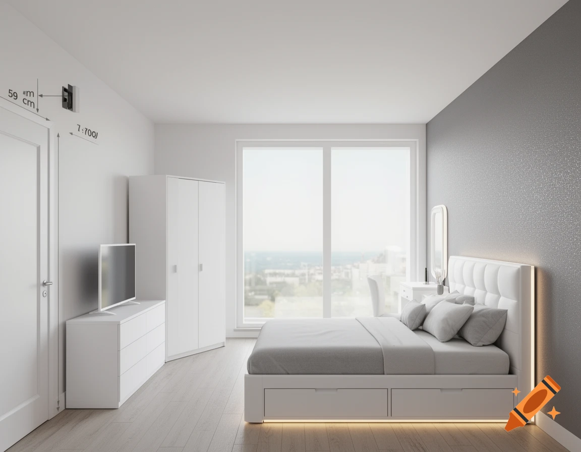 Photorealistic modern bedroom interior with white furniture, a grey wall, and a large window overlooking a city.