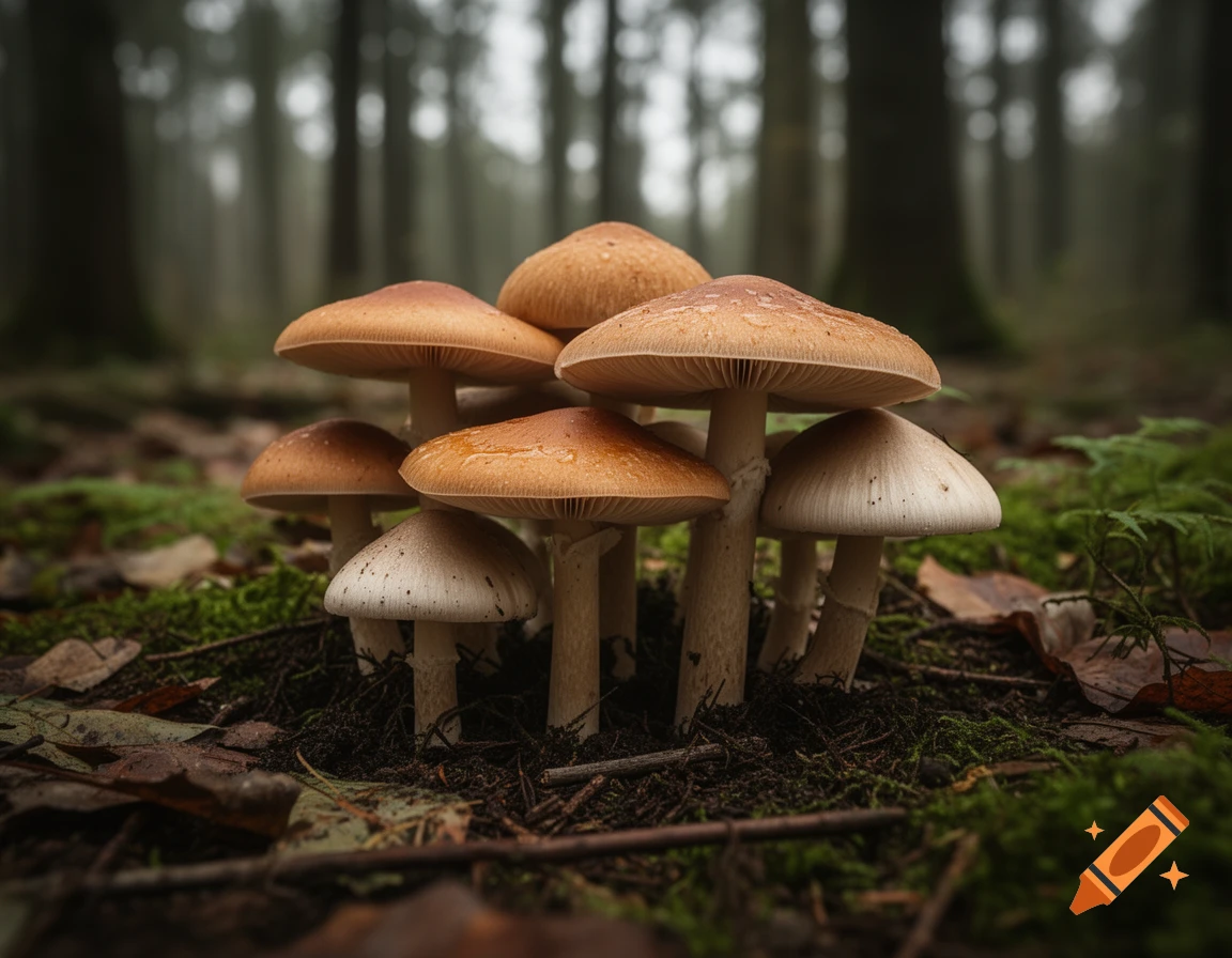 Close-up photorealistic shot of a cluster of brown mushrooms growing on the mossy forest floor amid fallen leaves and misty trees.
