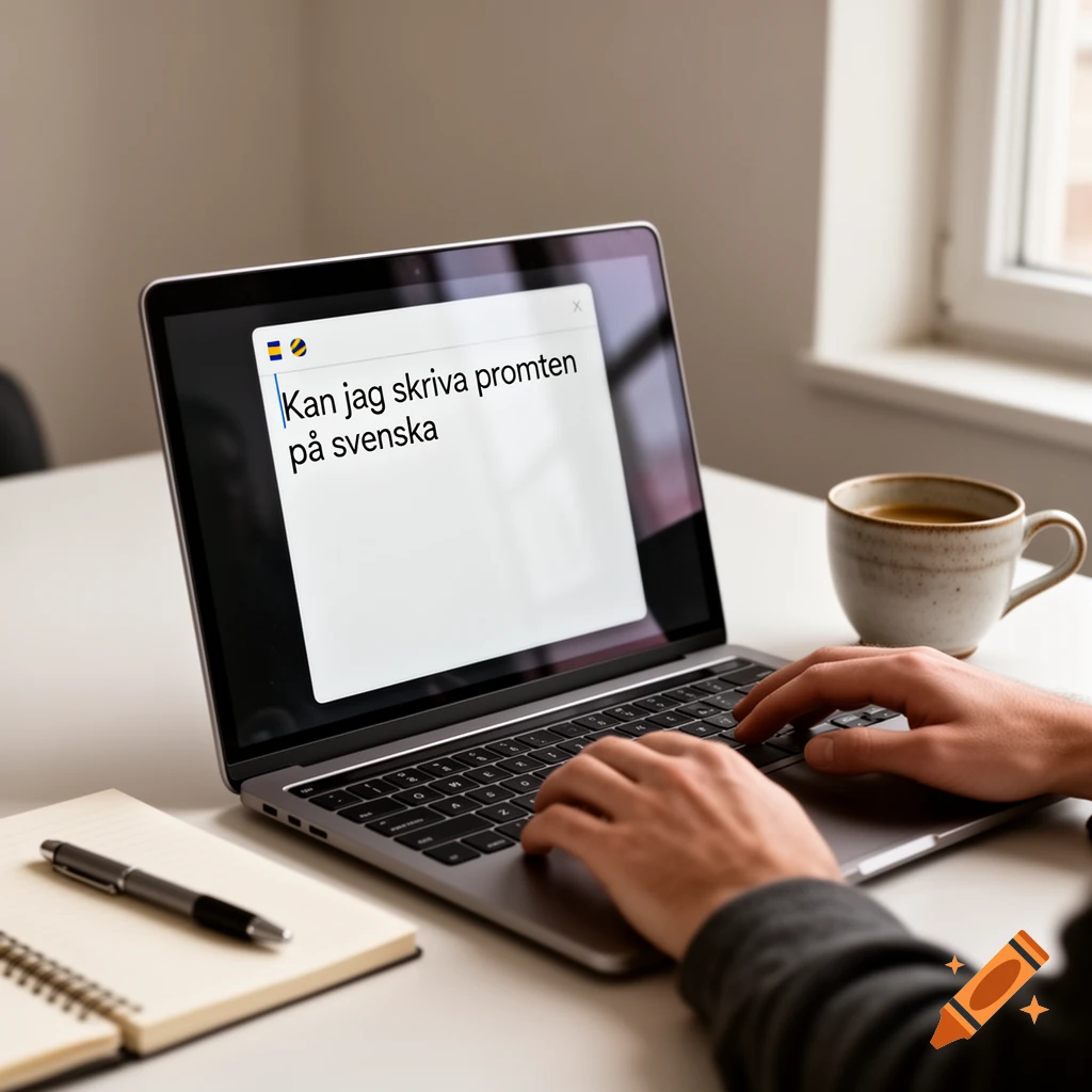 Close-up of hands typing on a laptop computer displaying text in Swedish, with a notebook and coffee cup on the desk.