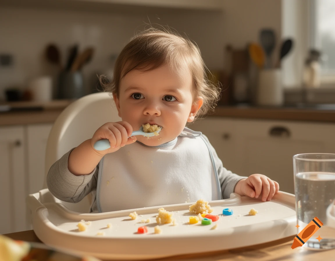 Photorealistic image of a toddler eating food from a spoon in a high chair in a kitchen.