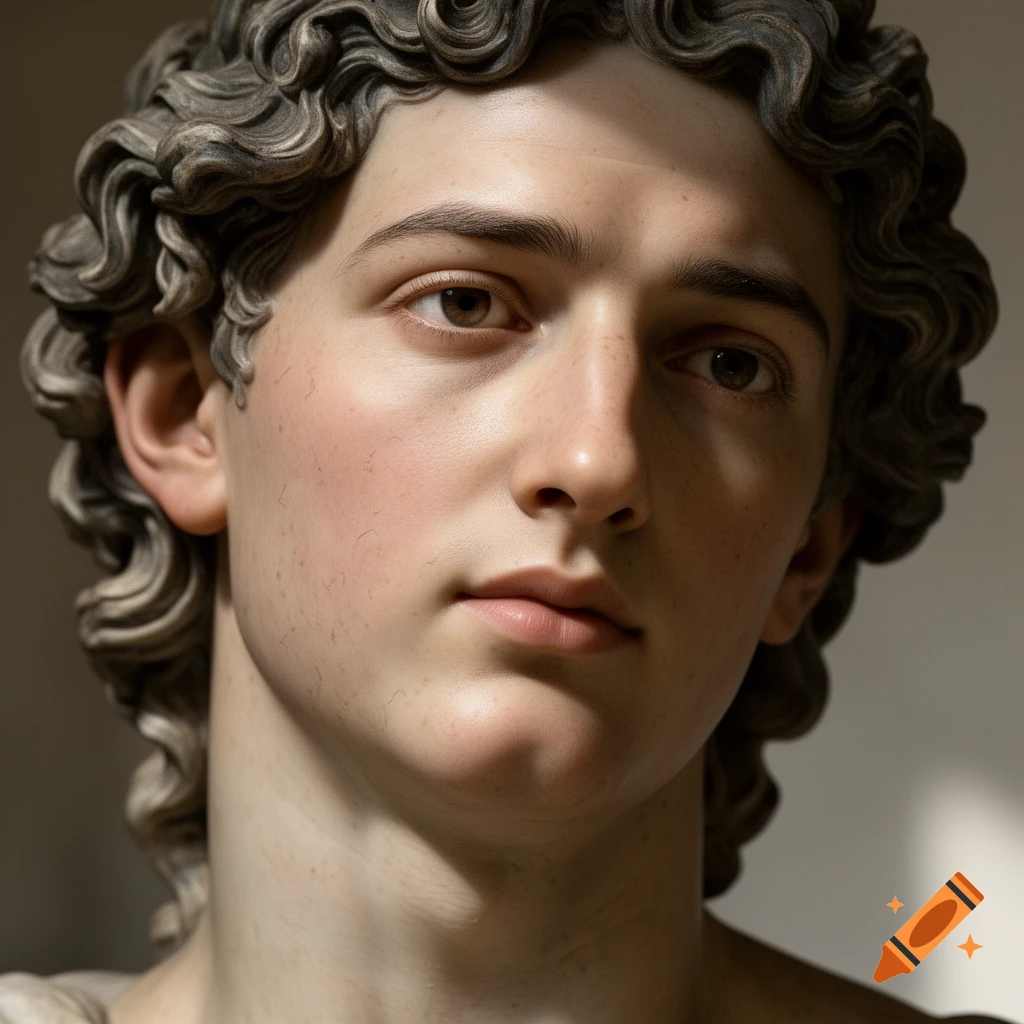 Photorealistic bust of a young man with curly hair resembling classical sculpture, featuring soft lighting.