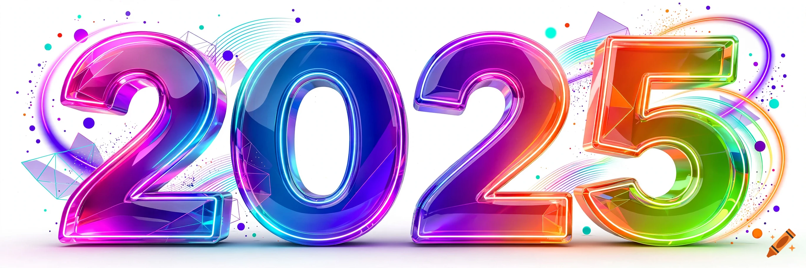 Colorful 3D glossy numbers 2025 with vibrant neon gradients against a white background with abstract lines.