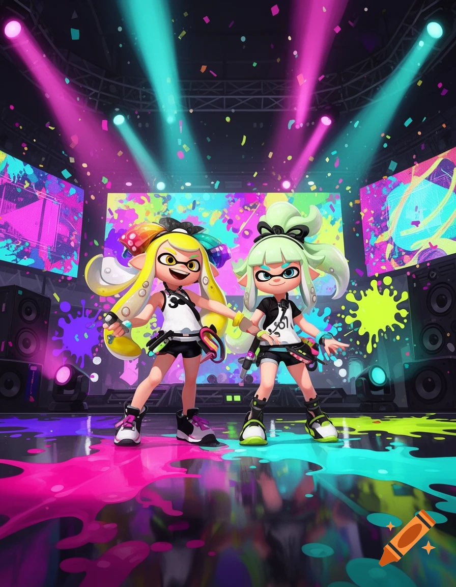 Digital illustration of Callie and Marie from Splatoon performing on a stage with colourful lights and confetti.