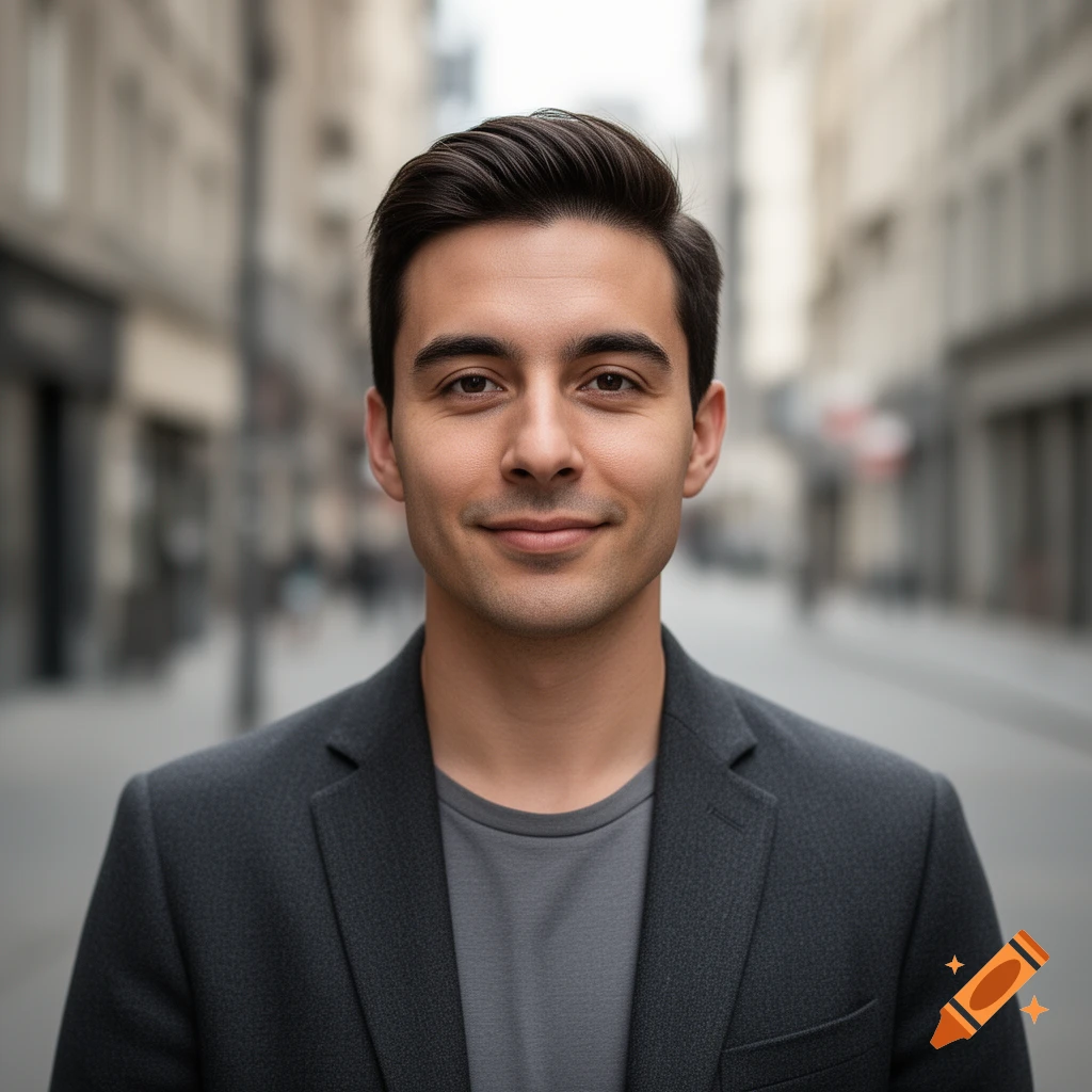 Photorealistic portrait of a young man with dark hair in a gray blazer against a blurred city street background.