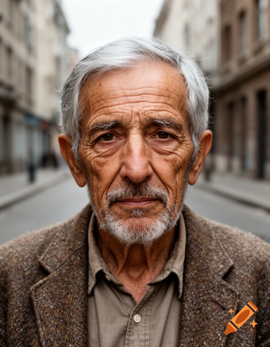 Photorealistic close-up portrait of an elderly man with gray hair and beard, wearing a tweed jacket on a city street.