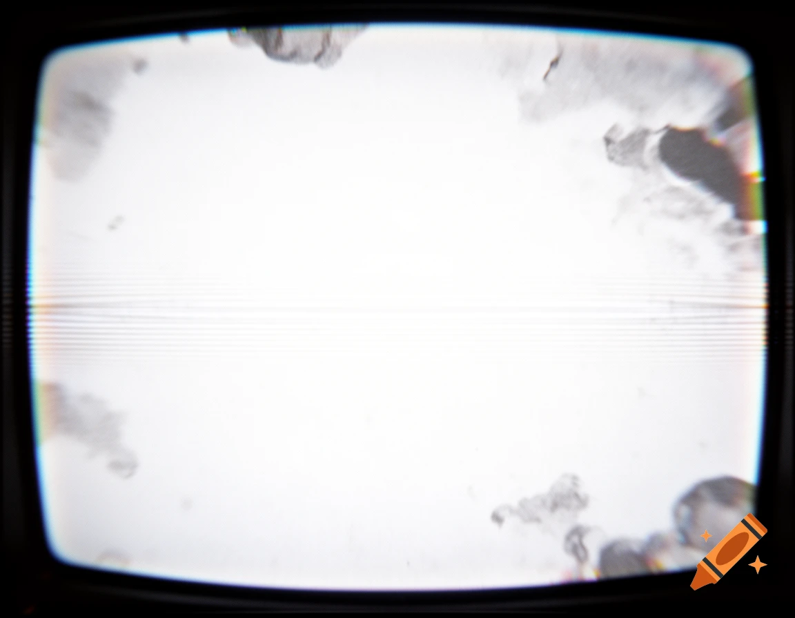Distorted white screen on an old CRT television with static and warping effects