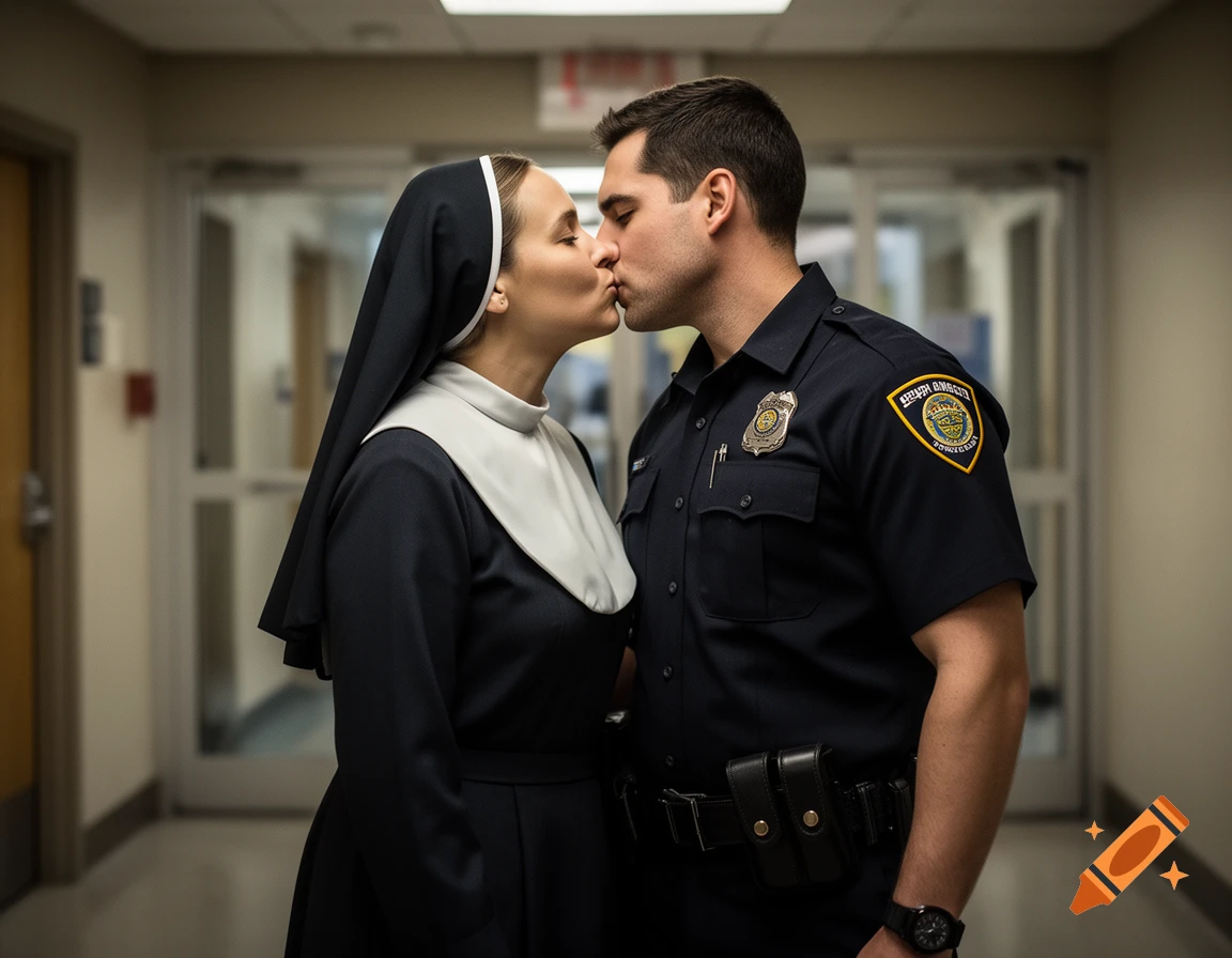 Photorealistic image of a nun and a security guard kissing in a hospital hallway.