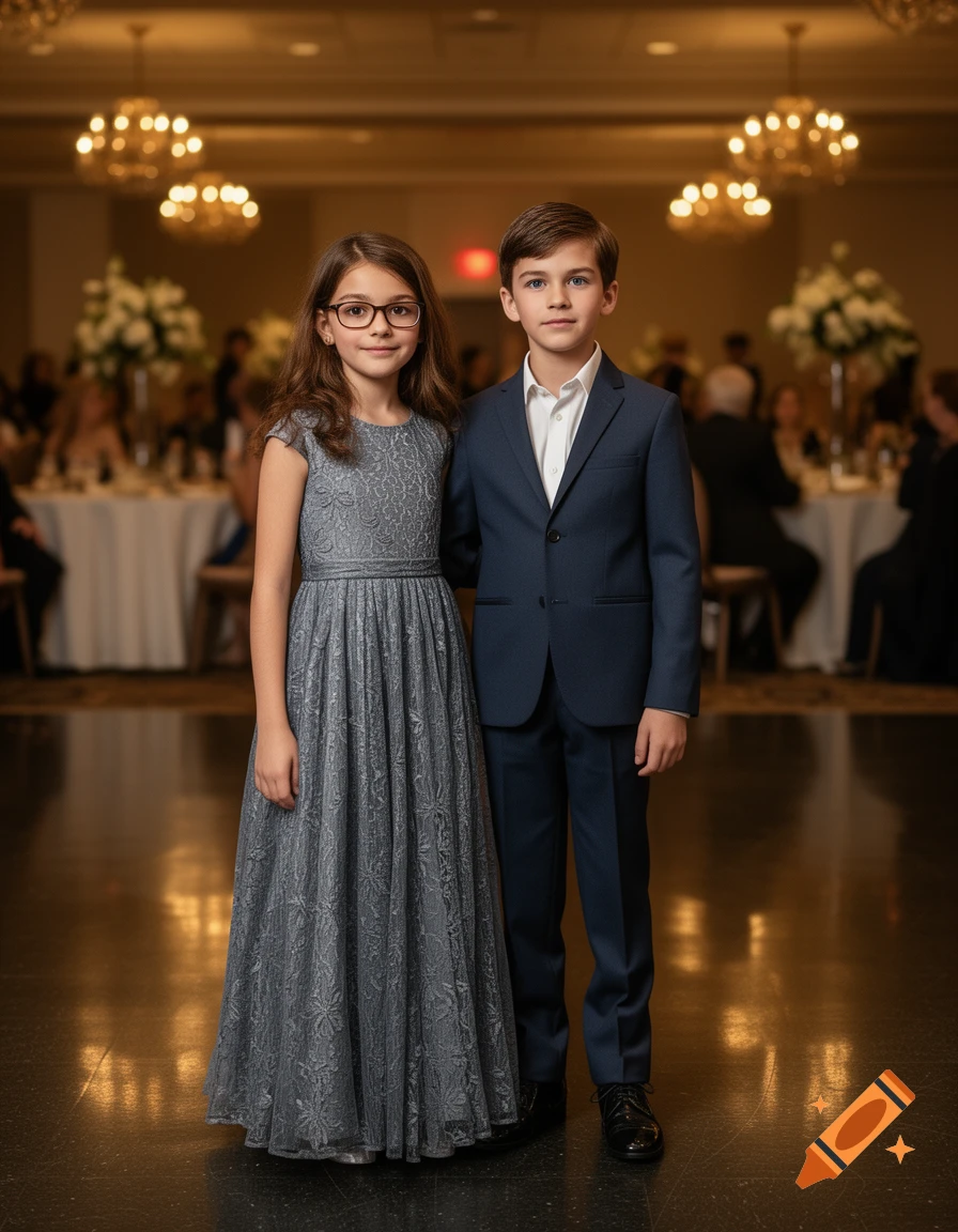 Photorealistic image of a young girl in a grey dress and a boy in a blue suit standing in a ballroom.
