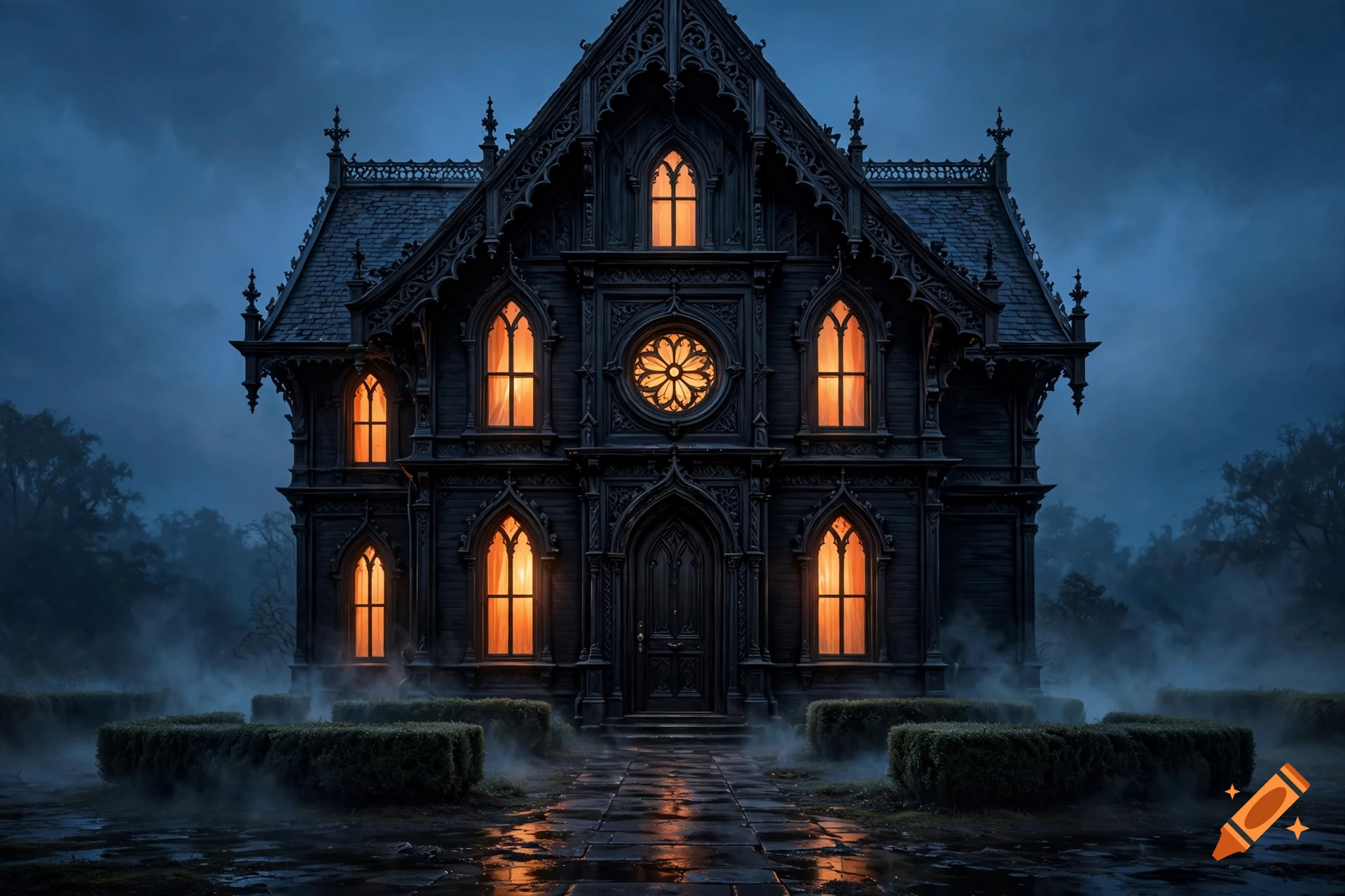 Symmetrical black Victorian house at night with glowing orange windows, gothic details, and a foggy path leading to the door.