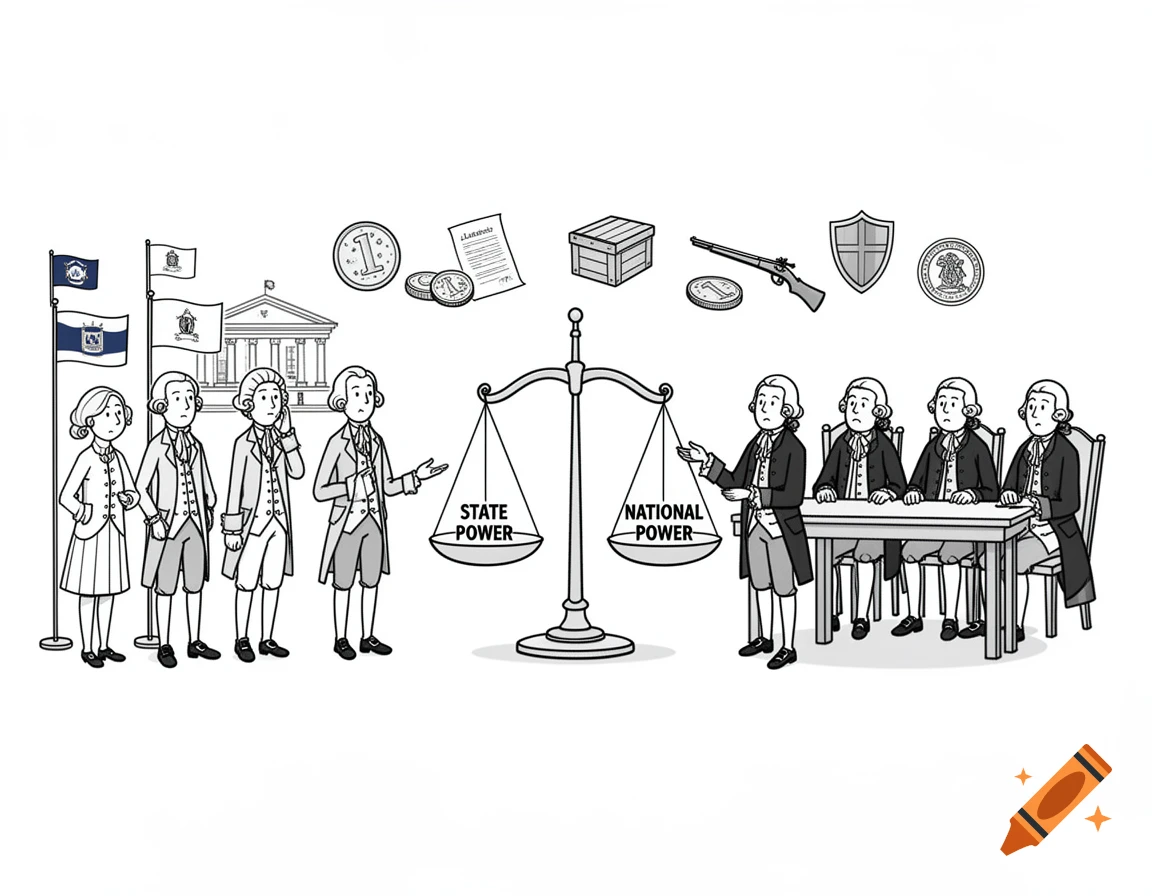 Black and white historical illustration of delegates and a balanced scale comparing state and national power.