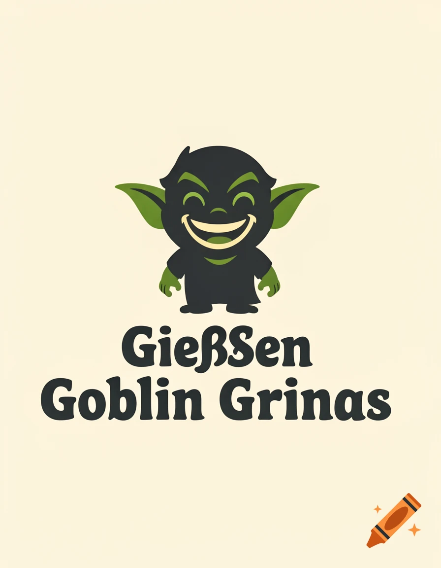 Illustration of a green and dark grey goblin character smiling, with the text Gießen Goblin Grinas below it.