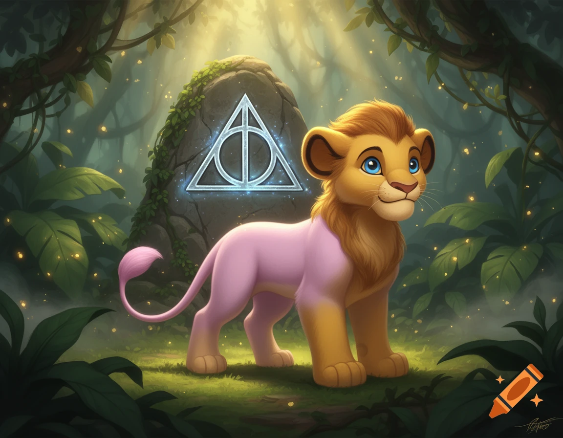 Digital illustration of a hybrid creature combining Simba from The Lion King and Mew from Pokemon, standing in a lush enchanted forest in front of a stone with the Deathly Hallows symbol.