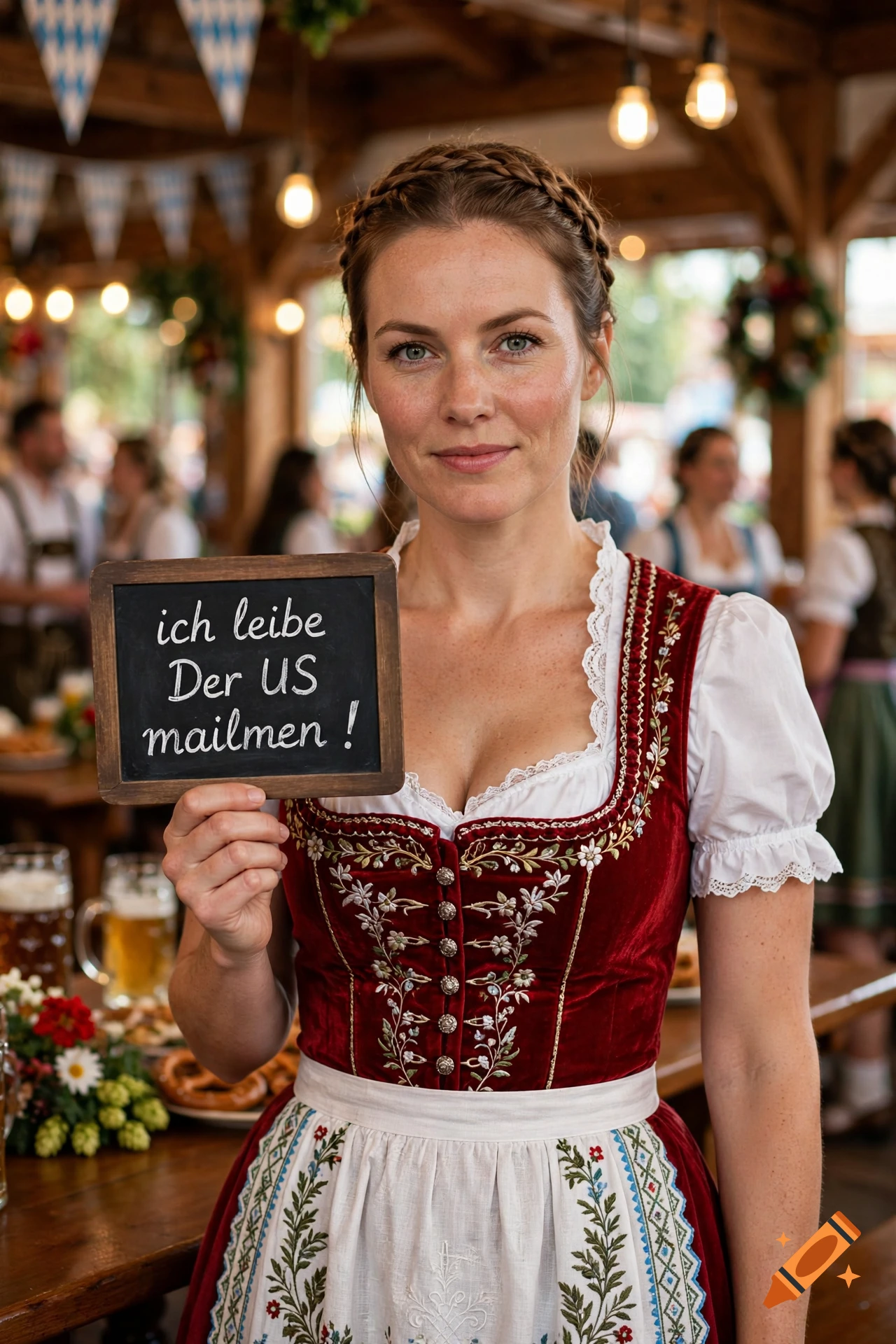 Photorealistic portrait of a woman in a traditional Bavarian dirndl holding a small chalkboard with German text at an Oktoberfest celebration.