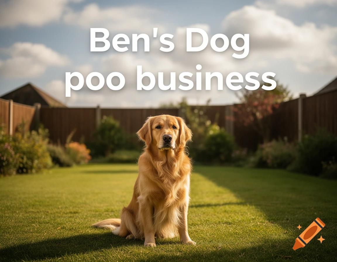 A photorealistic golden retriever sitting attentively on green grass in a backyard with wooden fences, under a cloudy sky.