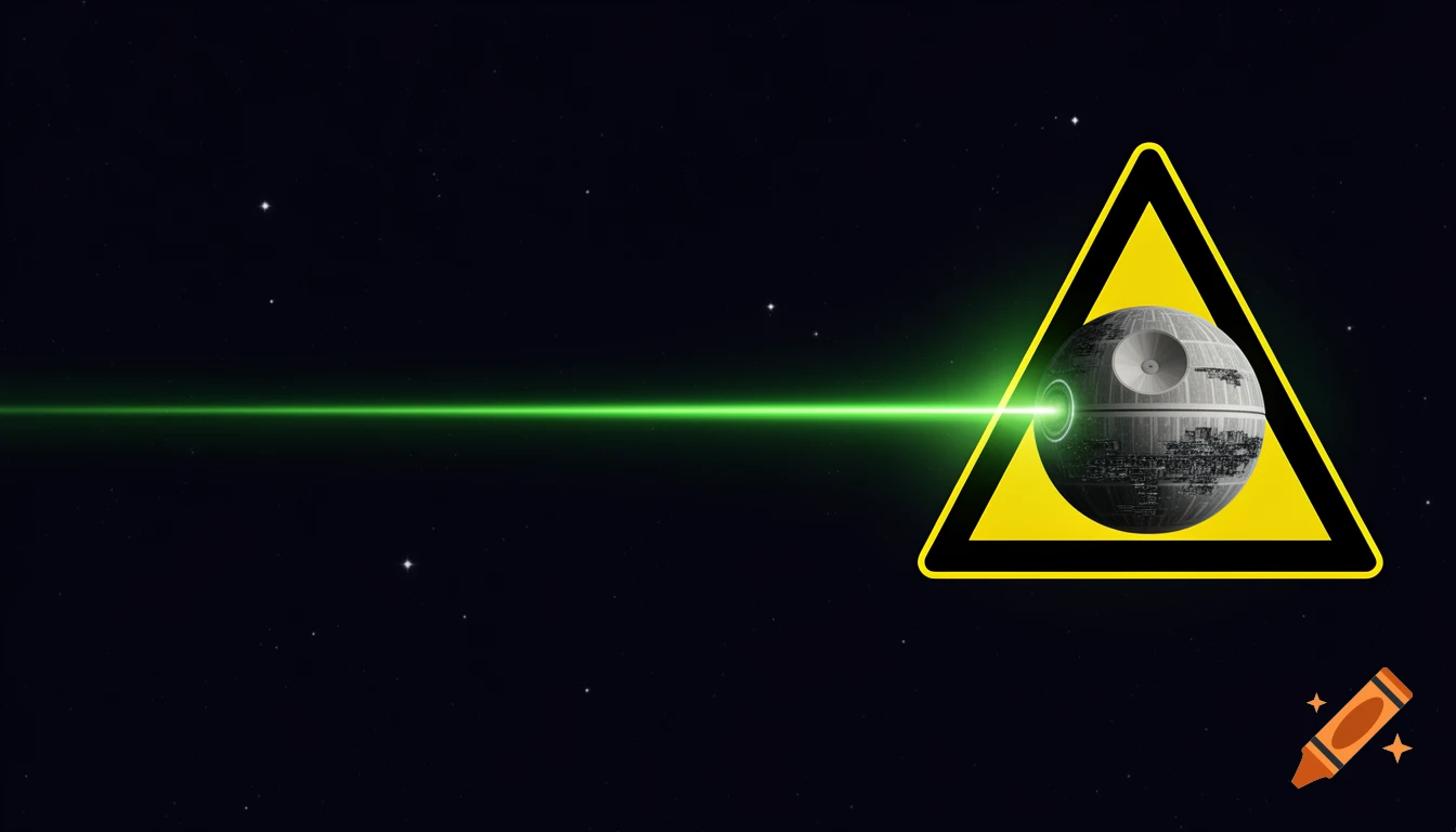 A yellow triangular warning sign with a Death Star-like planet emitting a bright green laser beam across a dark starry space background, vector art style.