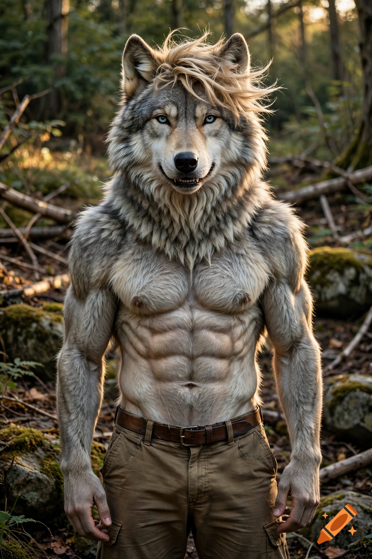 Photorealistic anthropomorphic wolf man with blond hair, blue eyes, and an eight-pack abs standing in a forest.