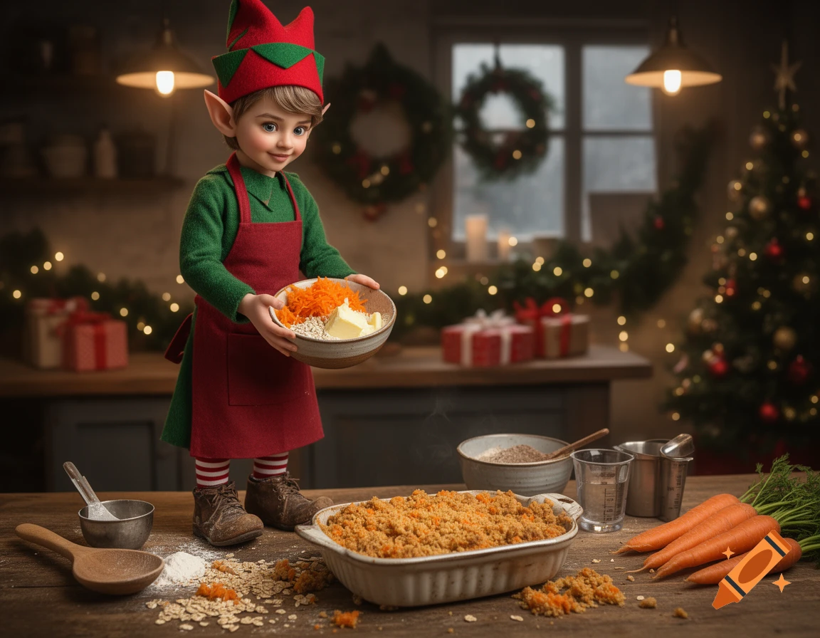Photorealistic image of a small Christmas elf in a green tunic and red apron holding a bowl of ingredients in a festive kitchen.
