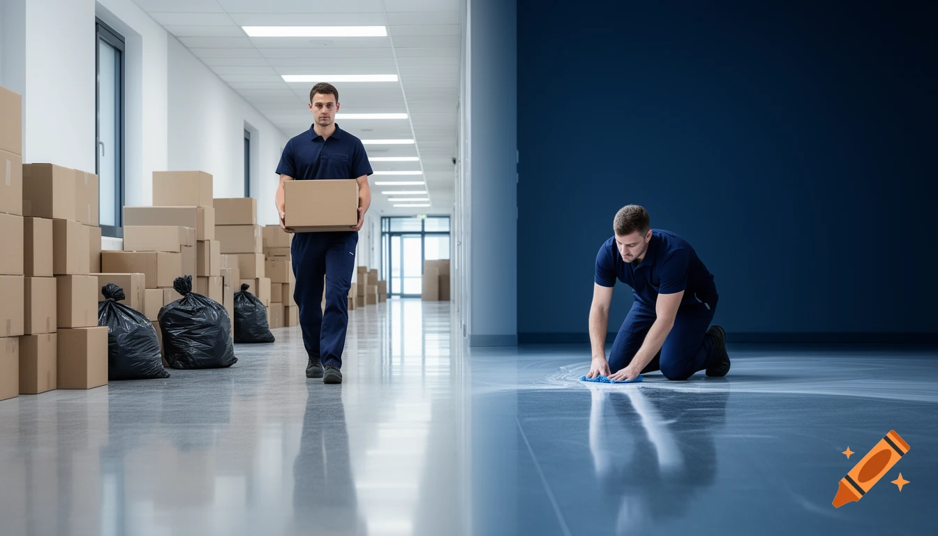 Photorealistic image of two male workers in a modern hallway, one carrying a box past stacked moving boxes, the other cleaning the floor.