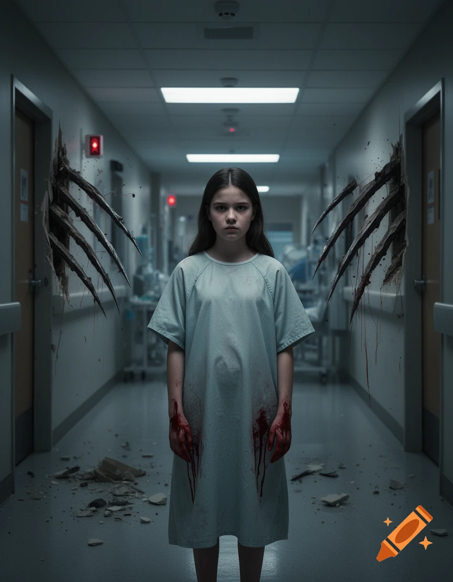 Photorealistic image of a traumatized young girl with bloodied hands standing in a hospital hallway with monster claw marks on the walls.