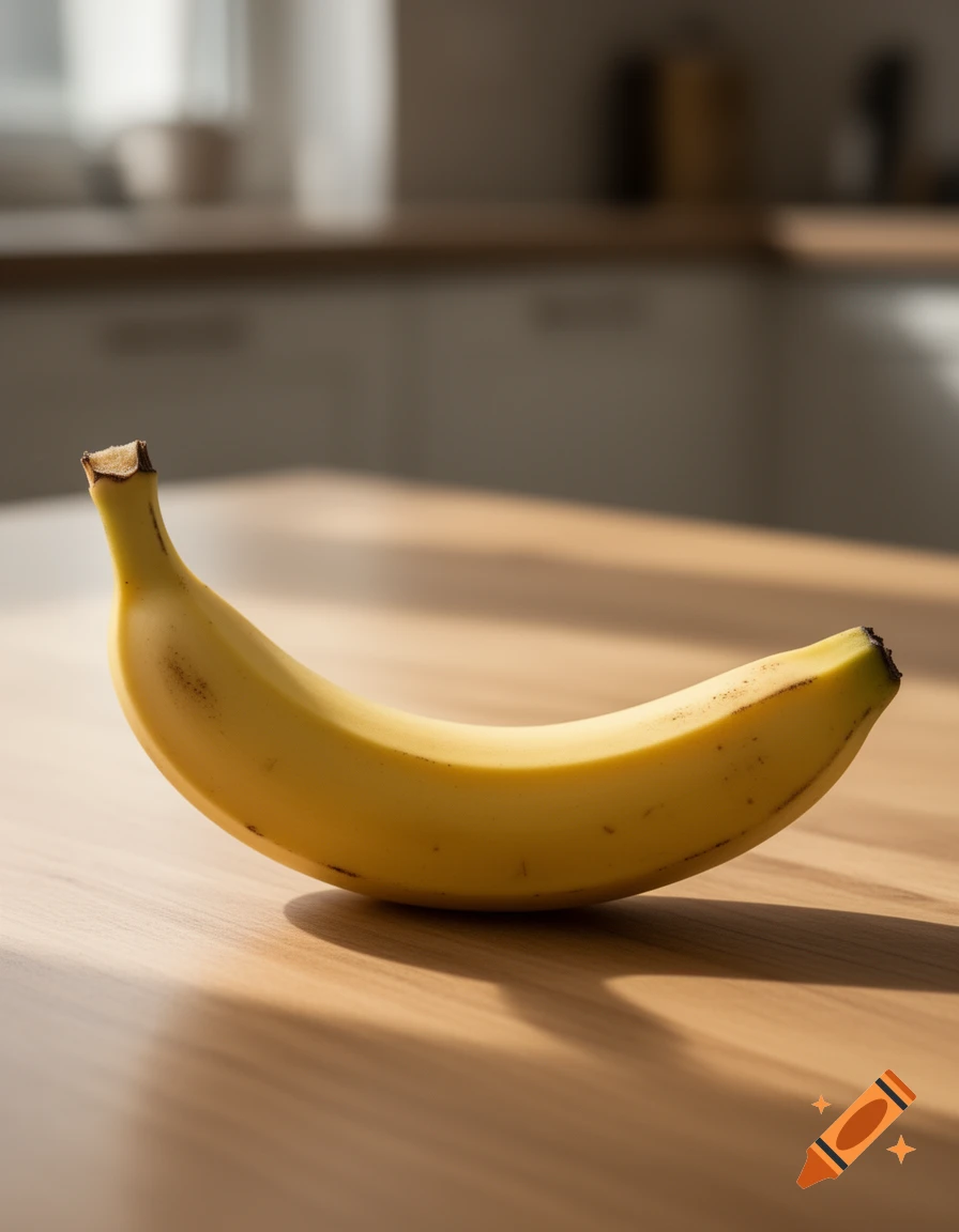 A single yellow banana on a wooden table in a brightly lit kitchen, photorealistic.