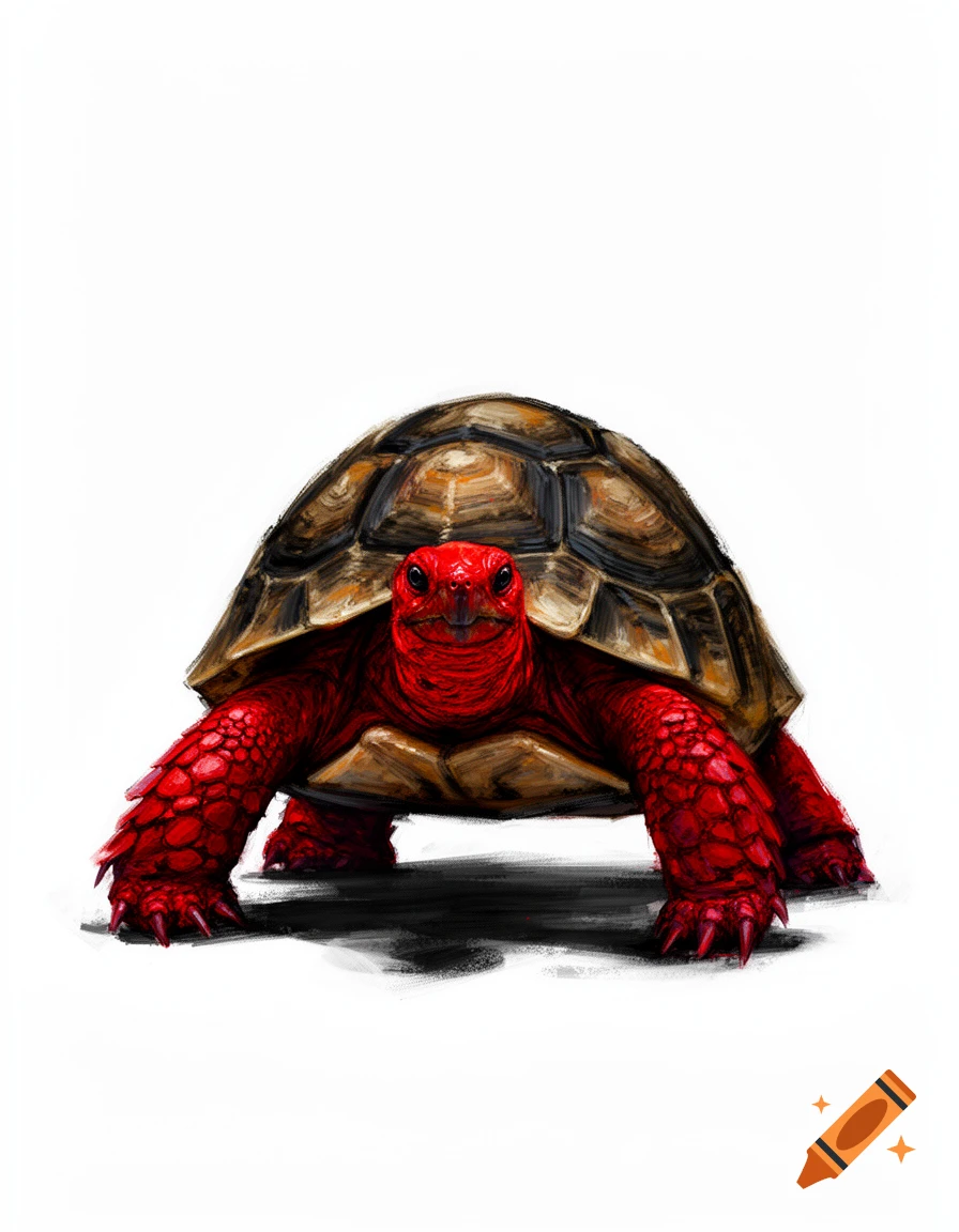 An expressive painting of a red-footed tortoise with a bright red head and legs on a white background.