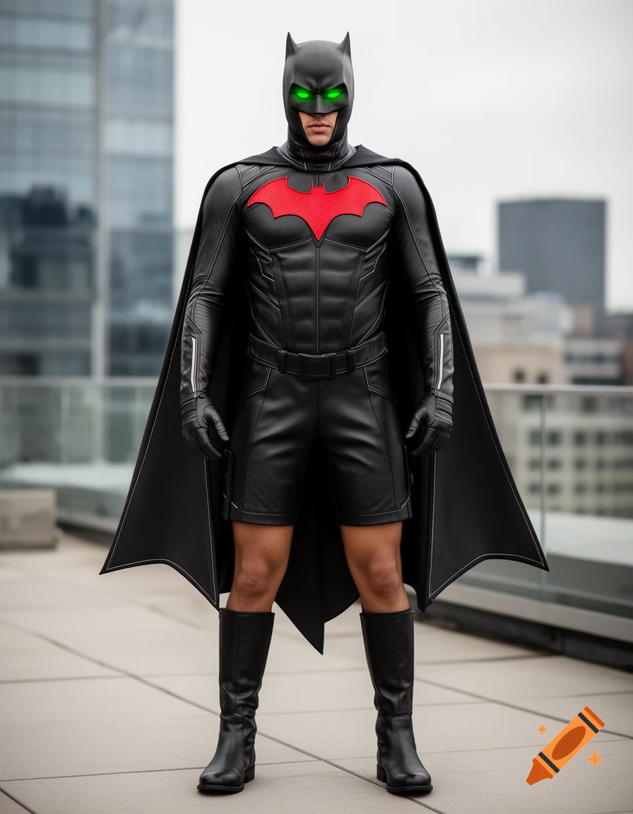 Photorealistic image of a person in a black leather superhero suit with a red bat emblem, cowl, and glowing green eyes on a rooftop.