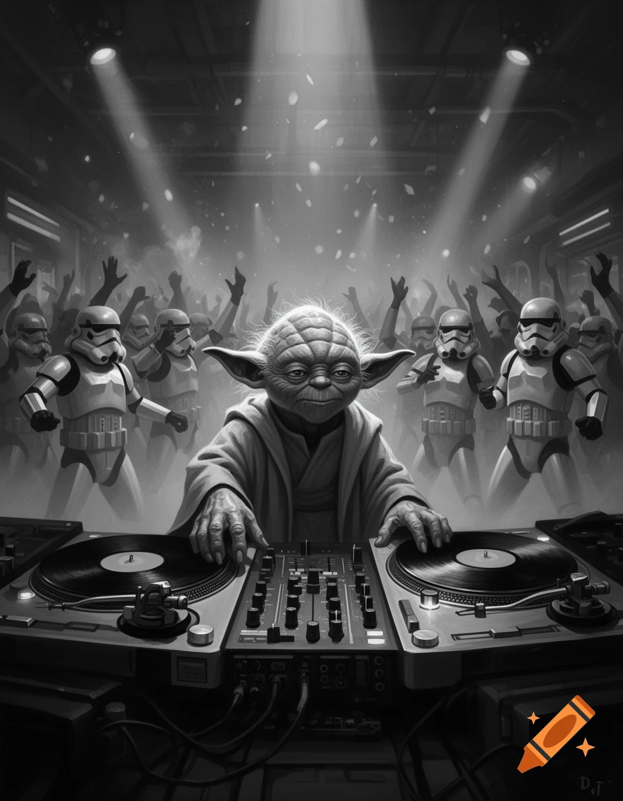 Black and white digital art of Yoda as a DJ with Stormtroopers partying in the background under stage lights.