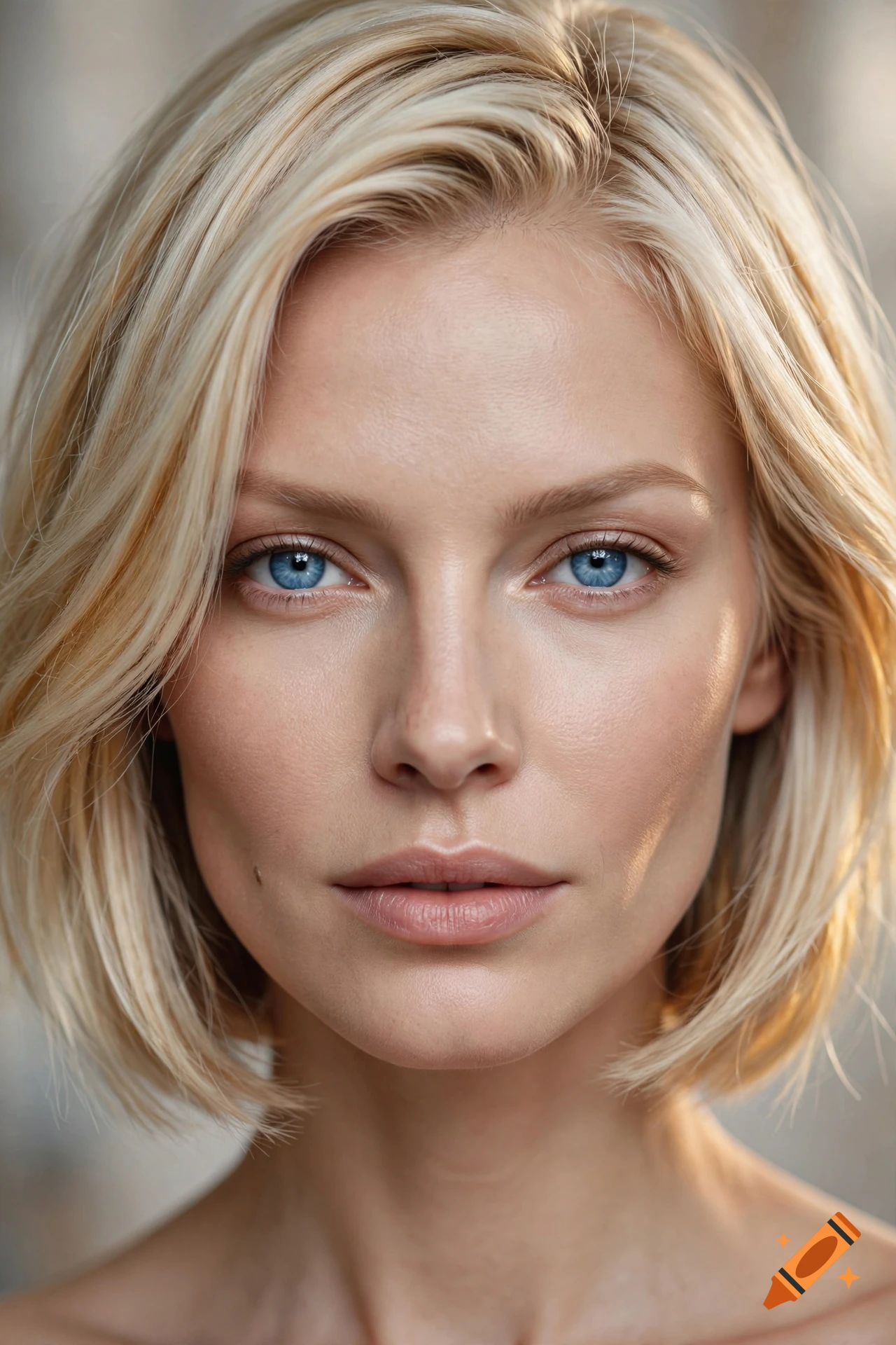 Close-up portrait of a woman with short blonde hair and striking blue eyes, photorealistic style.