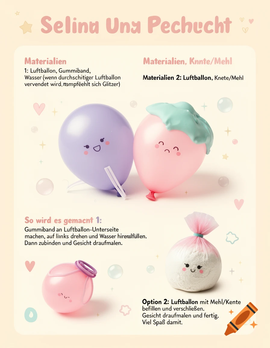 An instructional poster with cute pastel illustrations of squishy water and flour balloons, with German text.