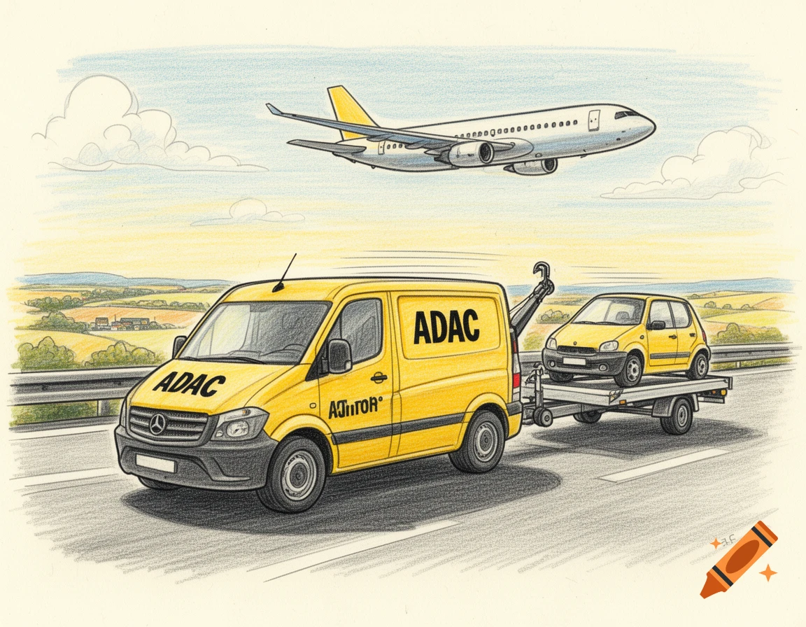 Hand-drawn style illustration of a yellow ADAC tow truck on a highway towing a small car, with an airplane flying overhead.