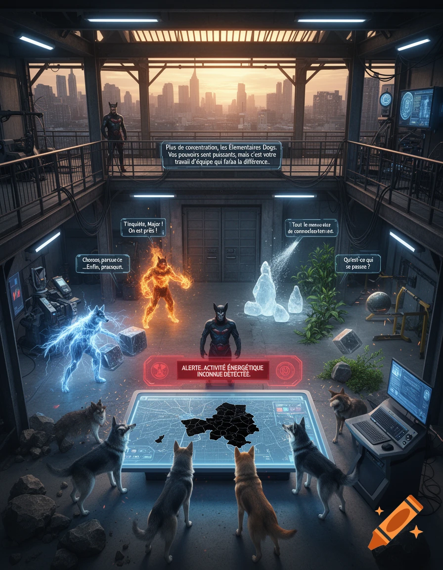 Comic book style scene in a futuristic headquarters with dogs possessing elemental powers and speech bubbles.